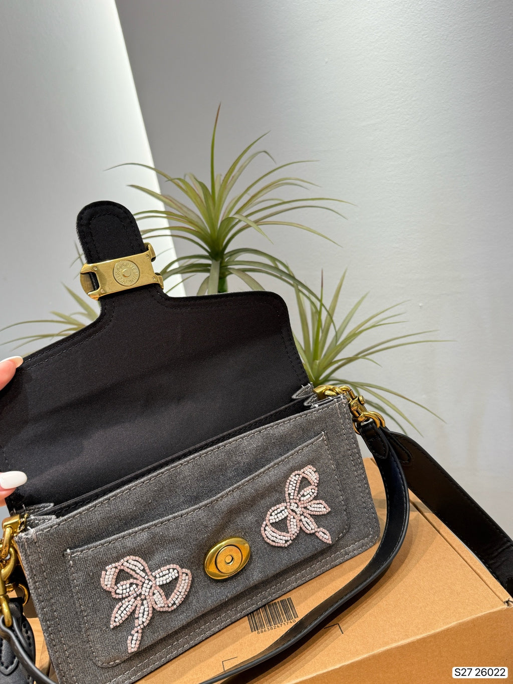 Pearl-Embellished Bow Denim Shoulder Bag