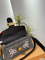 Pearl-Embellished Bow Denim Shoulder Bag