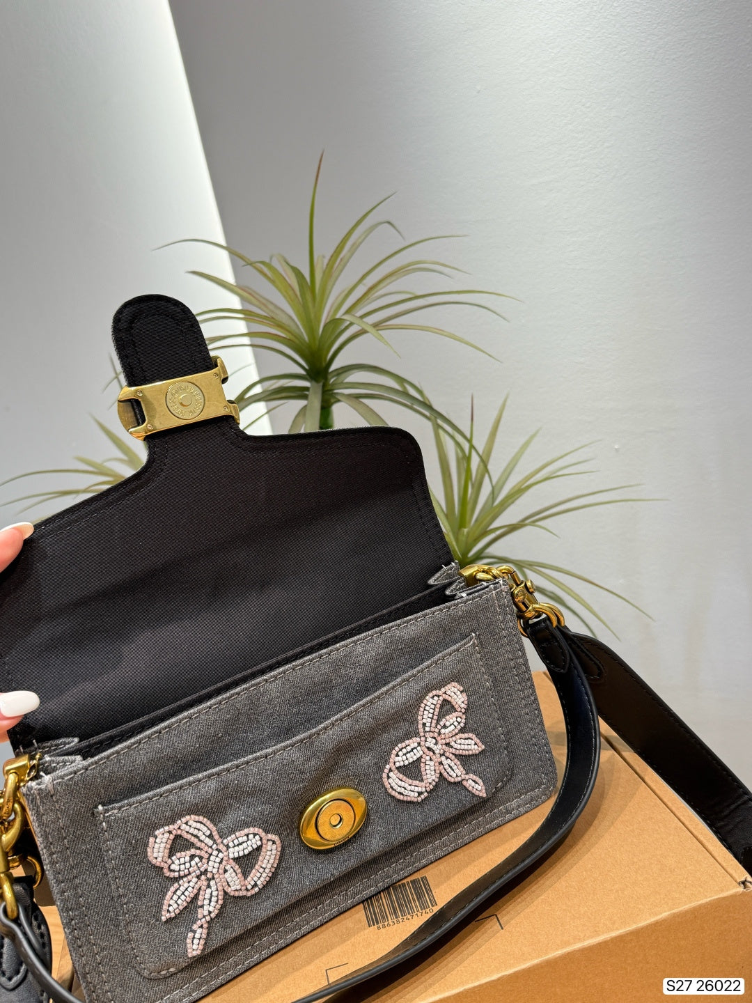 Pearl-Embellished Bow Denim Shoulder Bag