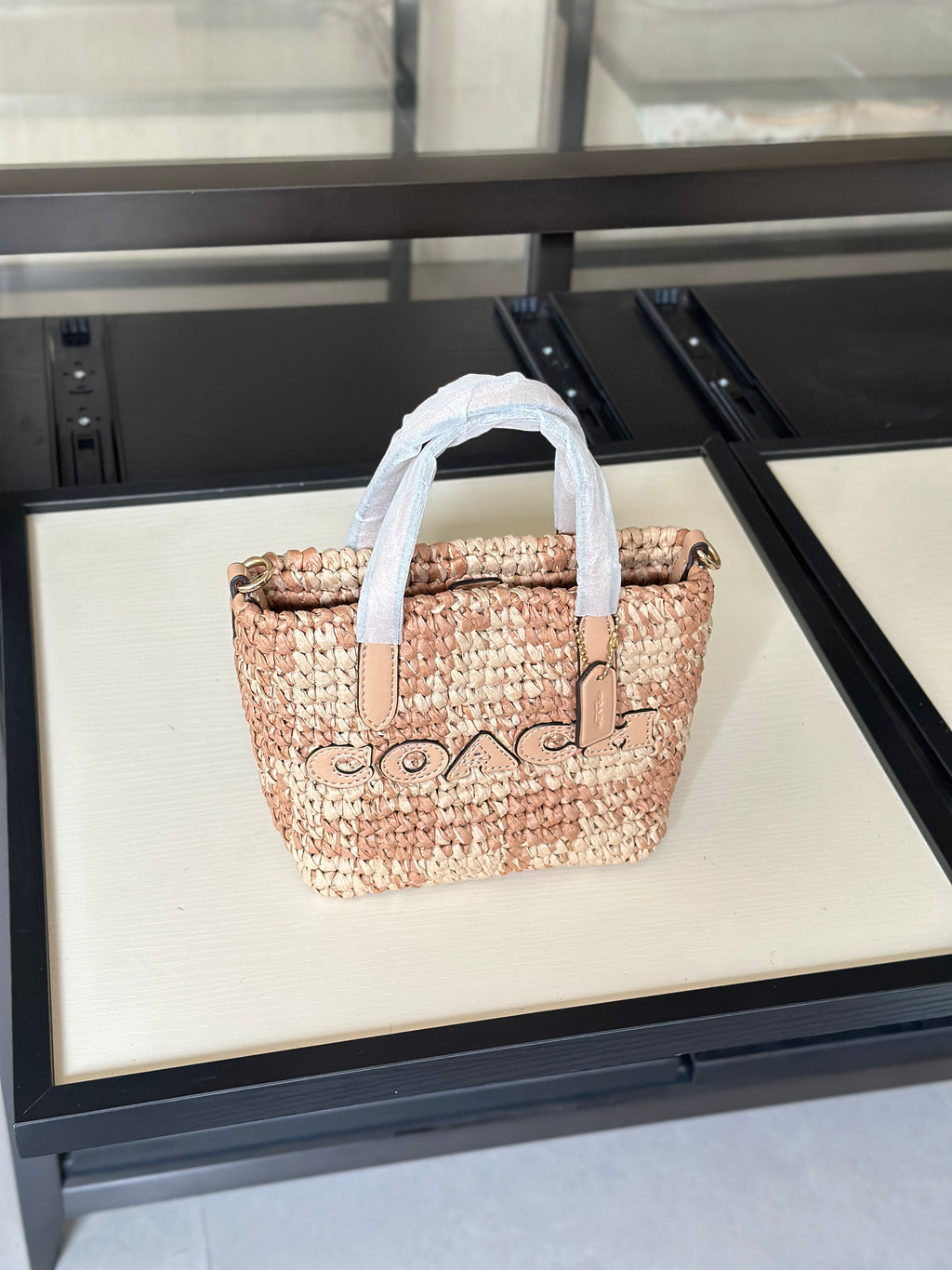 Natural Woven Straw Tote Bag with Leather Details