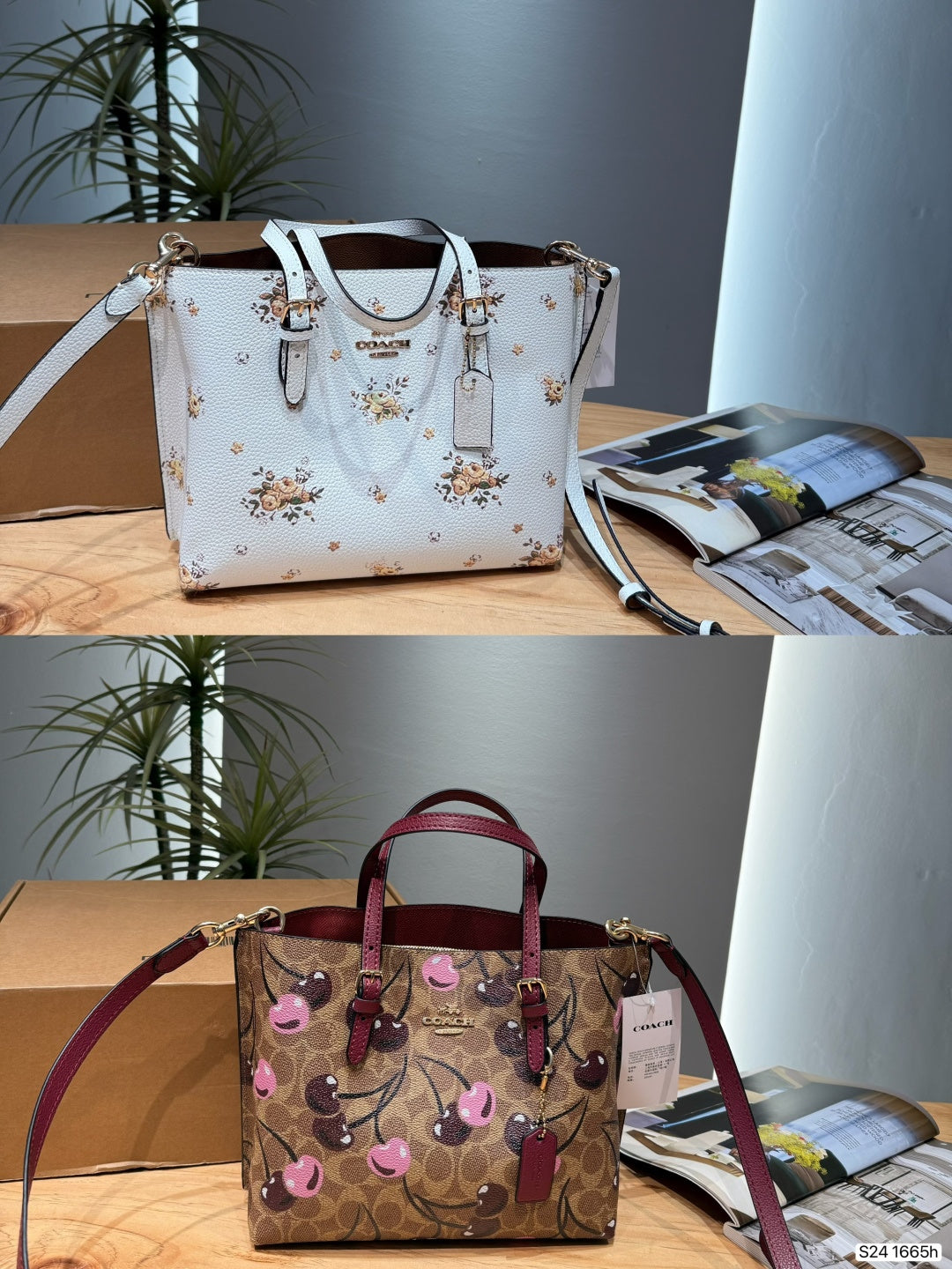 Two Coach handbags displayed side by side on a wooden table with a box and magazine in the background. The top bag is white textured leather with a floral print and gold-tone hardware.
