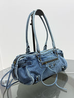 Vintage Washed Denim Baguette Bag – Fringe Shoulder Bag