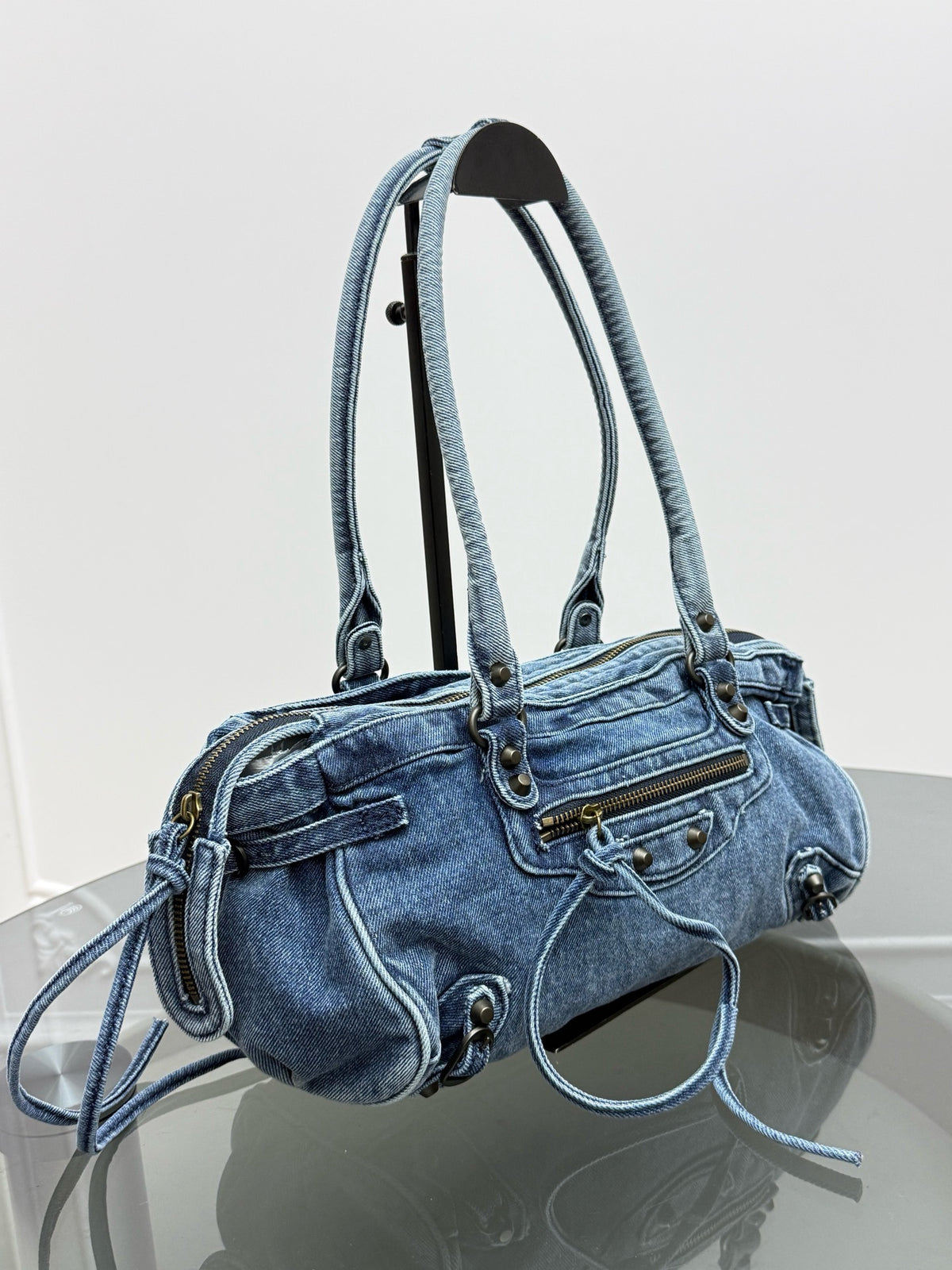 Vintage Washed Denim Baguette Bag – Fringe Shoulder Bag