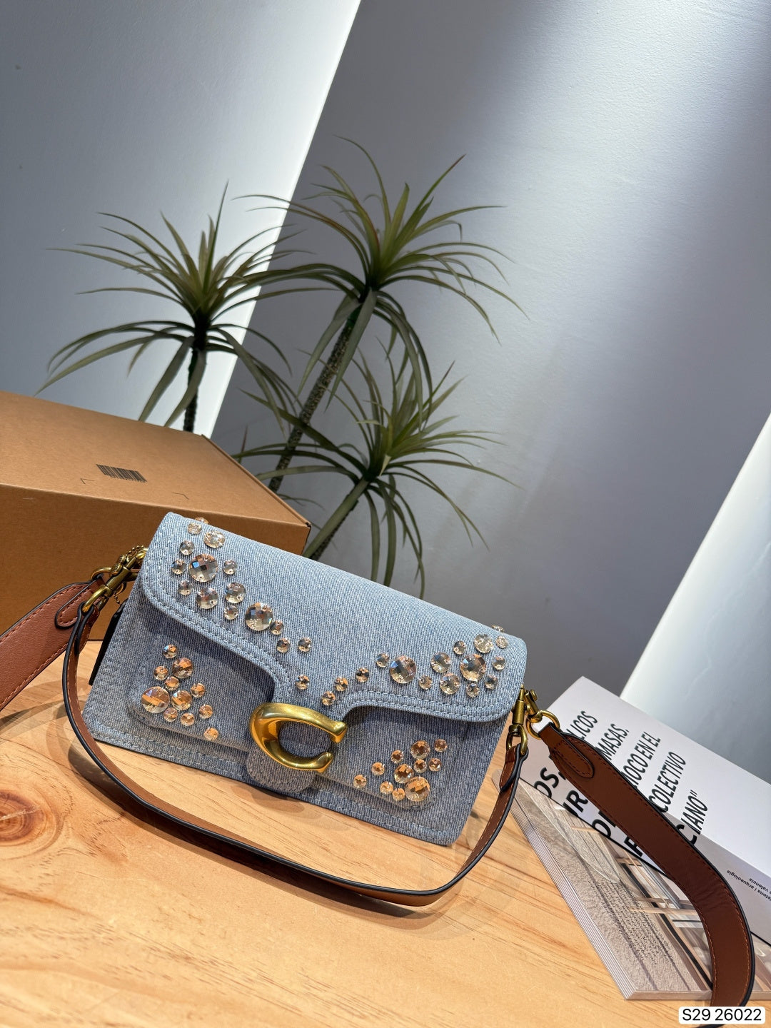 Crystal Embellished Denim Flap Shoulder Bag