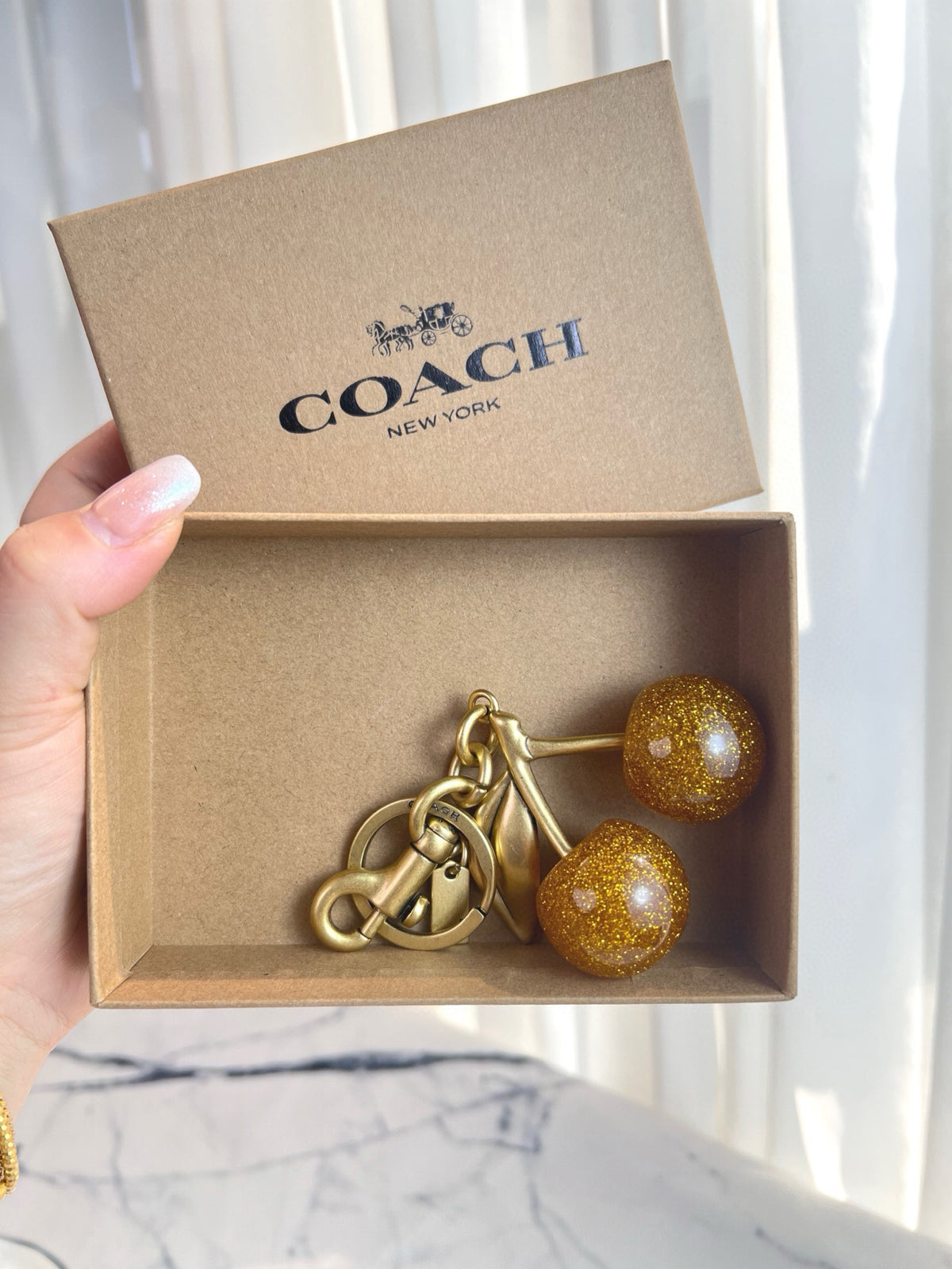 Glitter Cherry Bag Charm Keychain – Gold-Tone Fruit Pendant