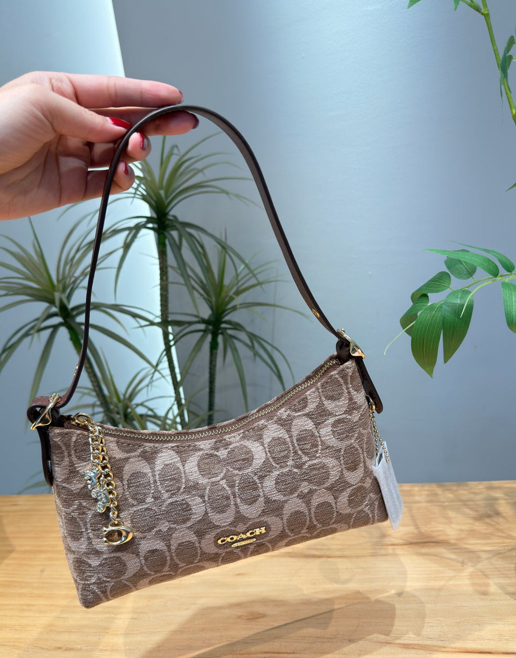 A hand holds a small Coach shoulder bag in the signature monogram canvas. The bag is brown and beige with gold hardware, a gold-tone logo plate, and a decorative charm.