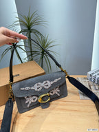 Pearl-Embellished Bow Denim Shoulder Bag