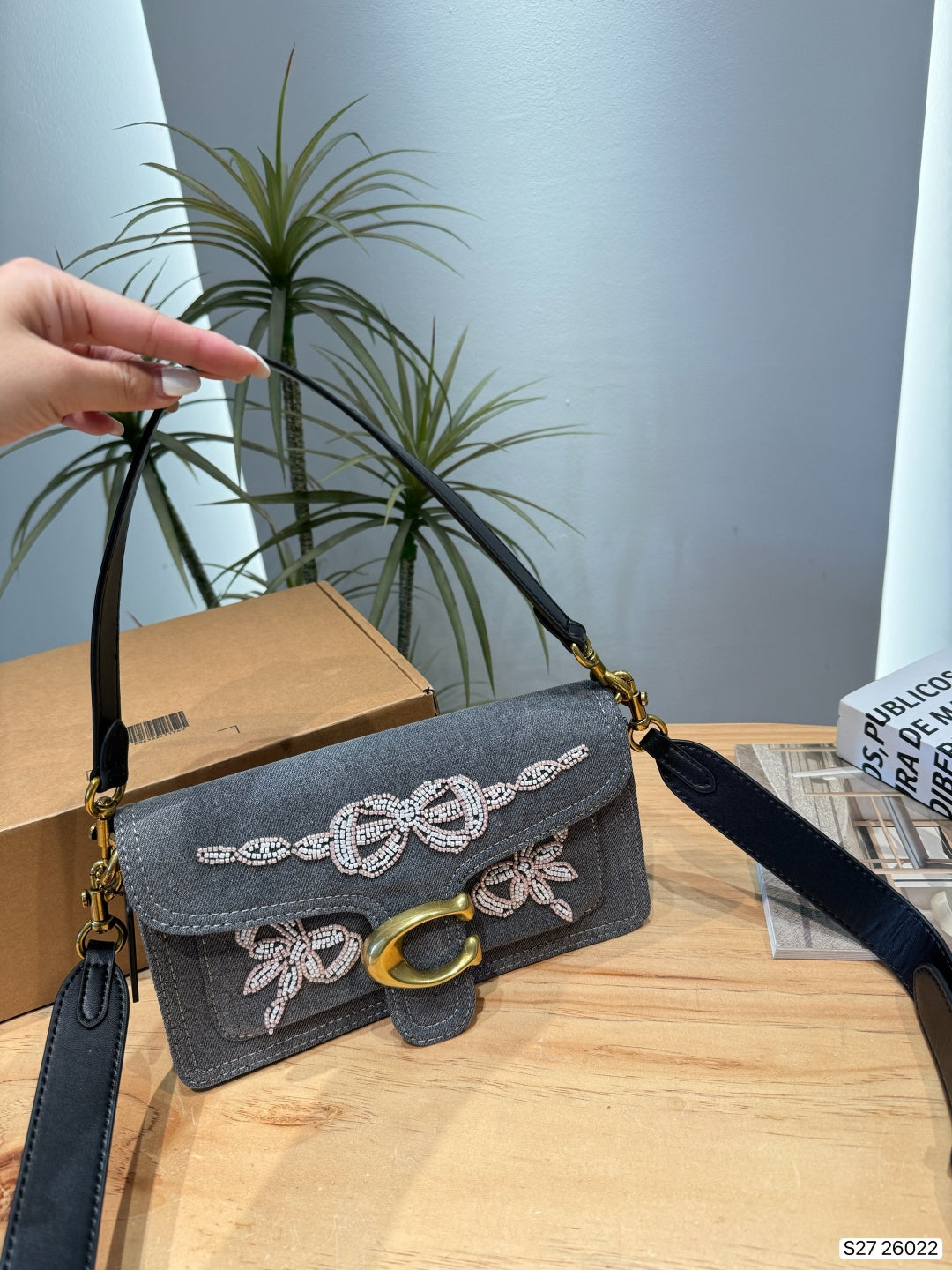 Pearl-Embellished Bow Denim Shoulder Bag