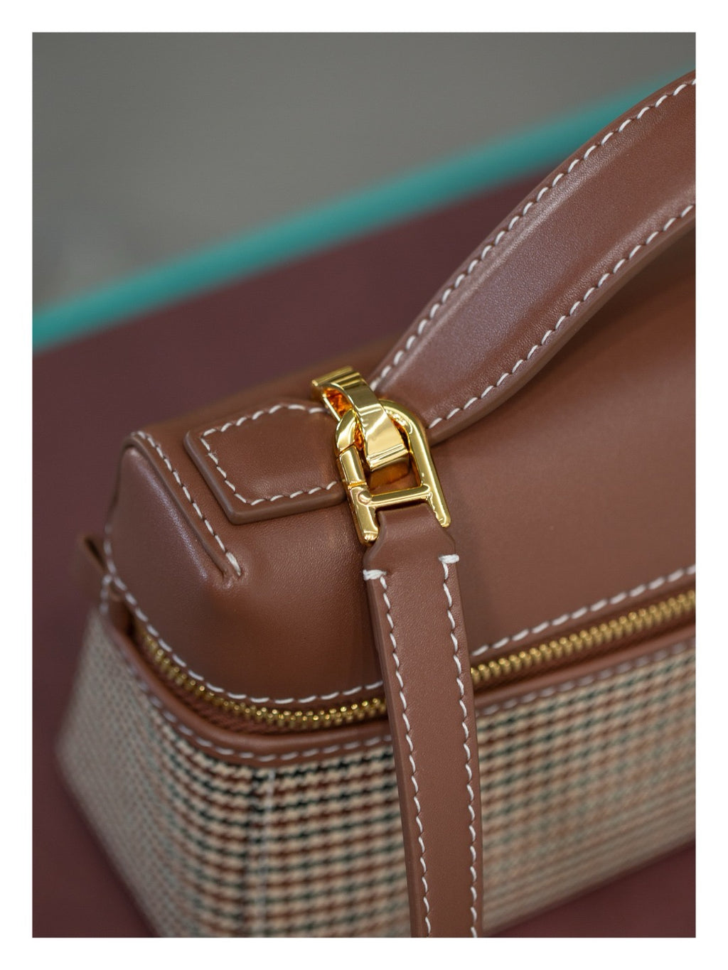 Houndstooth Structured Shoulder Bag with Detachable Strap