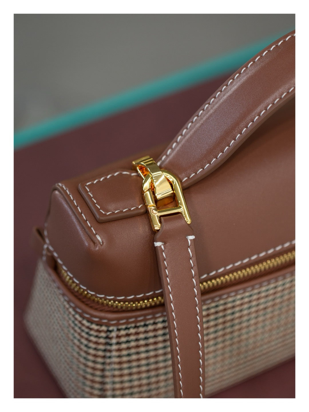 Houndstooth Structured Shoulder Bag with Detachable Strap