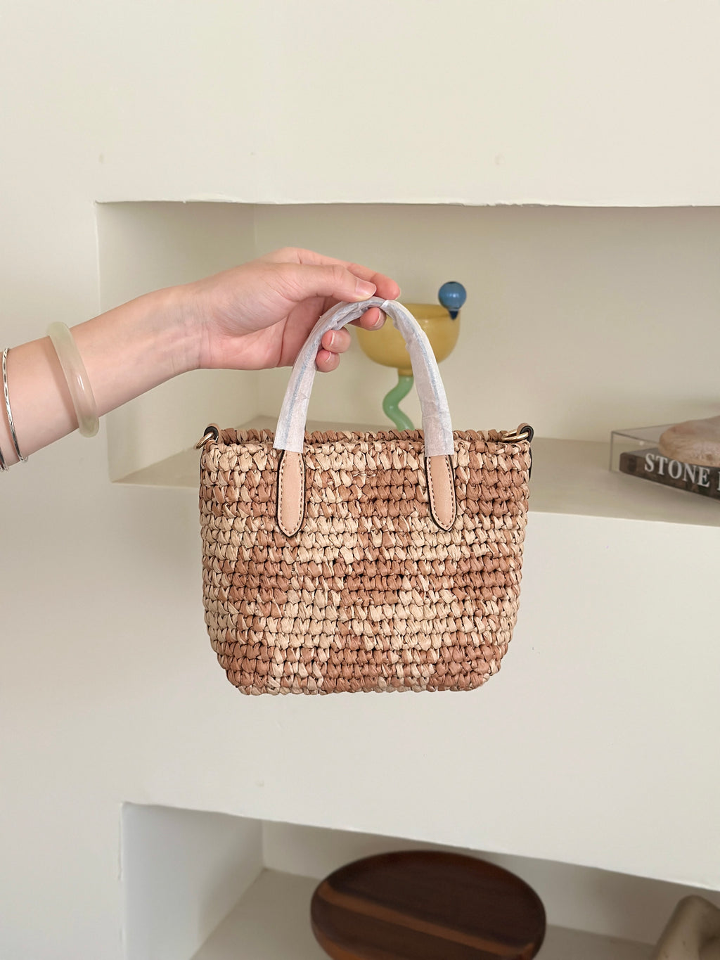 Natural Woven Straw Tote Bag with Leather Details
