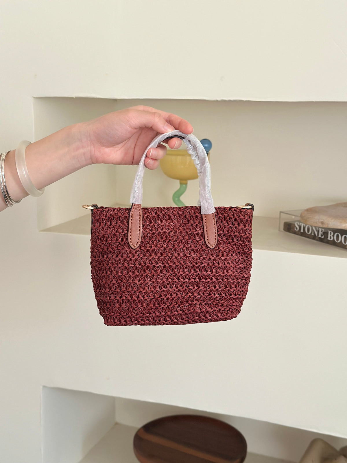 Burgundy Woven Tote Bag with Leather Details