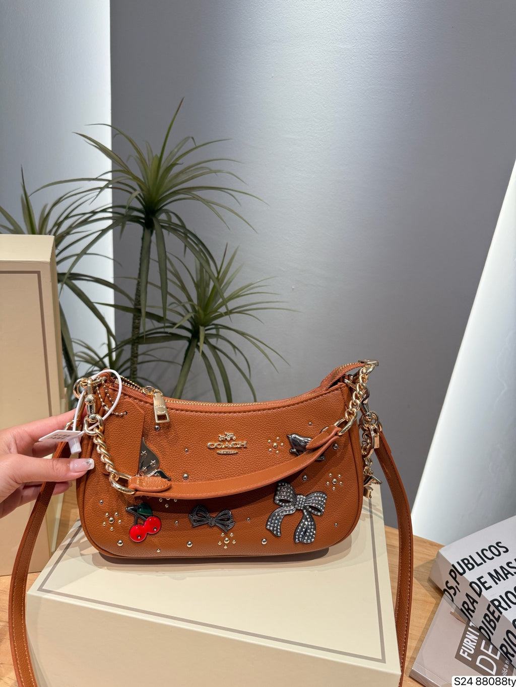 Teri Printed Leather Crescent Shoulder Bag & Crossbody