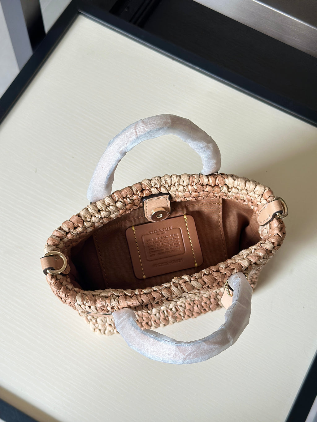 Natural Woven Straw Tote Bag with Leather Details