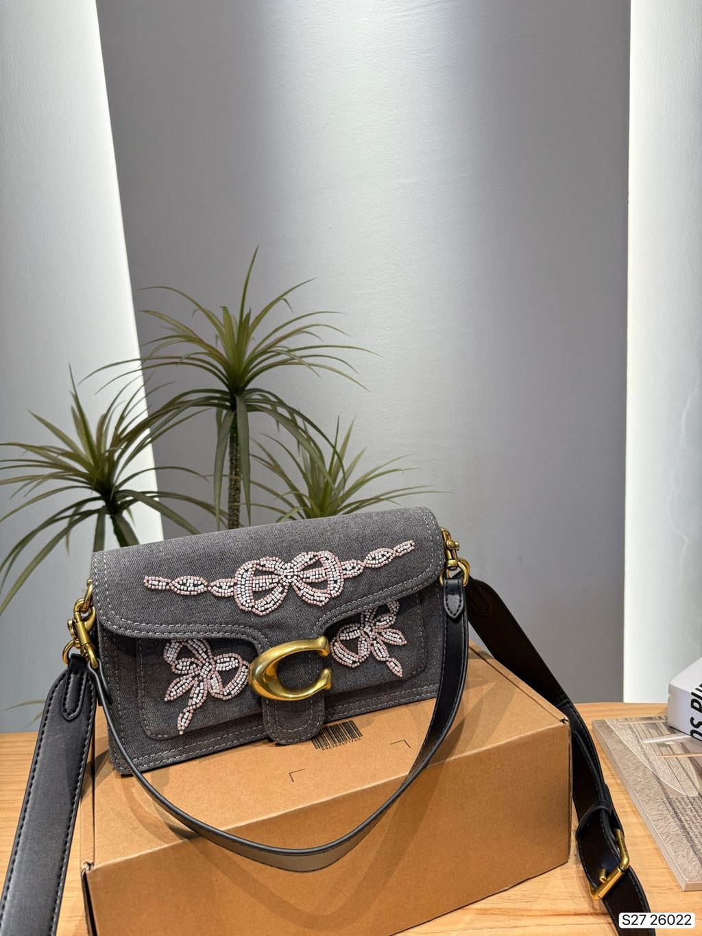 Pearl-Embellished Bow Denim Shoulder Bag