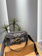 Pearl-Embellished Bow Denim Shoulder Bag