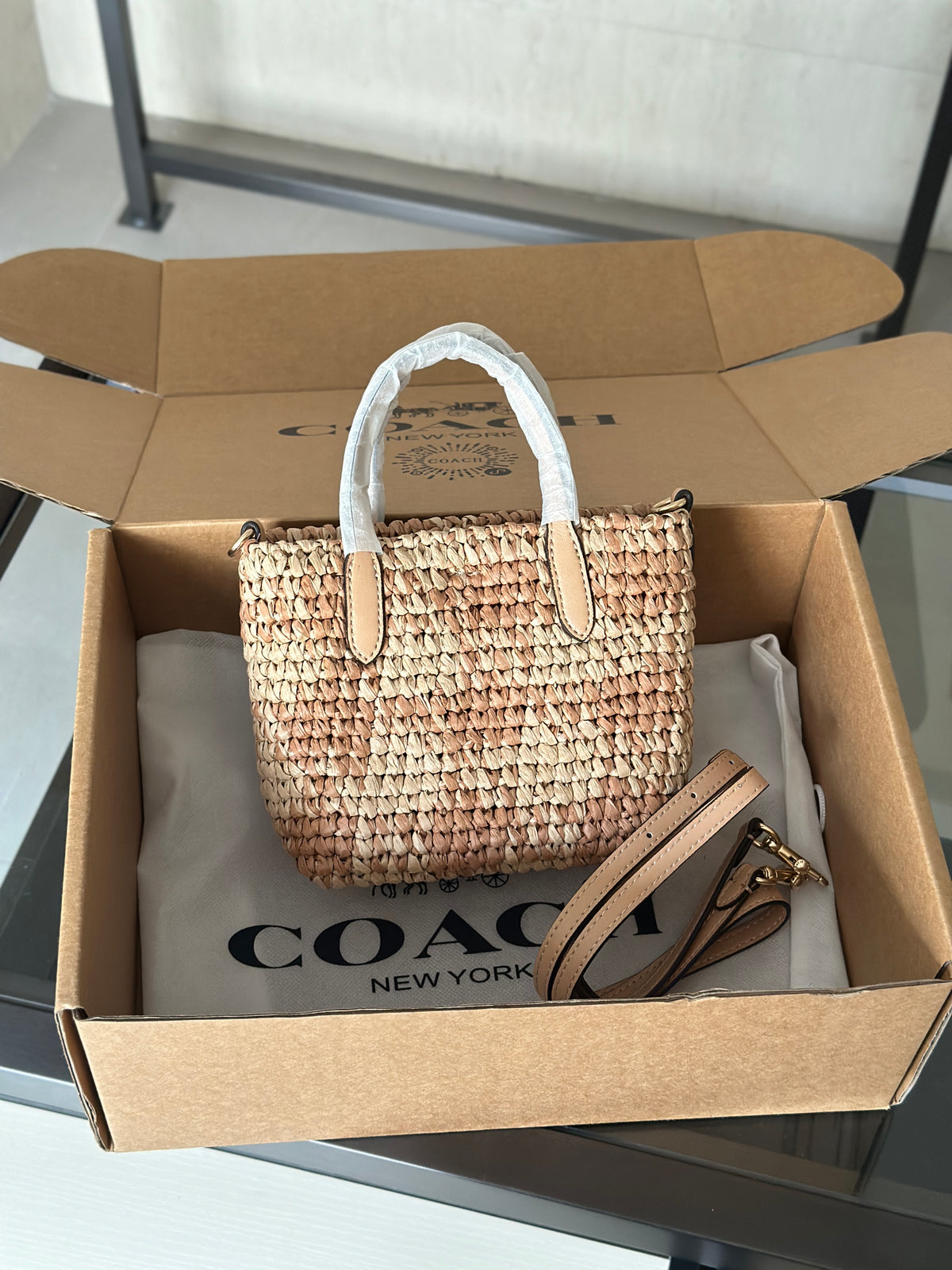 Natural Woven Straw Tote Bag with Leather Details