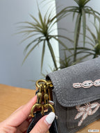 Pearl-Embellished Bow Denim Shoulder Bag