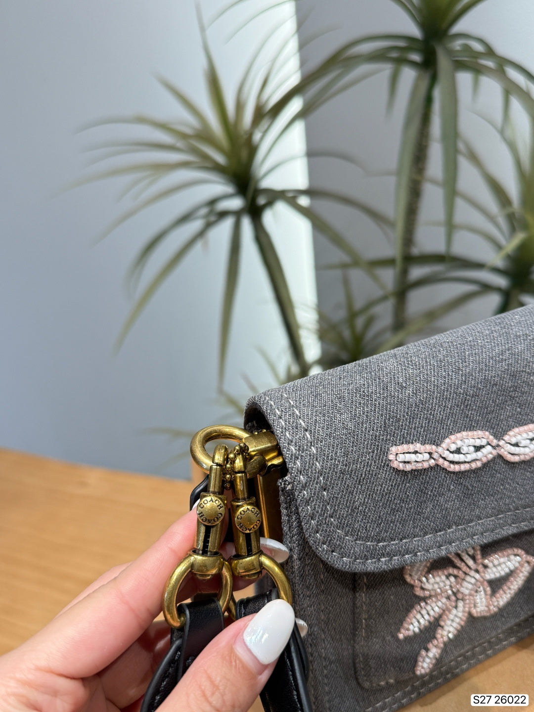 Pearl-Embellished Bow Denim Shoulder Bag