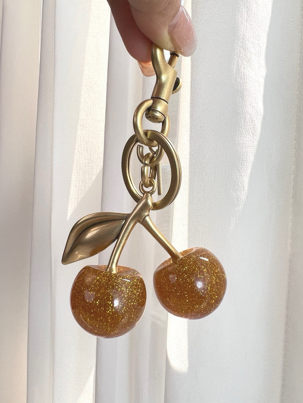 Glitter Cherry Bag Charm Keychain – Gold-Tone Fruit Pendant