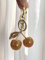 Glitter Cherry Bag Charm Keychain – Gold-Tone Fruit Pendant
