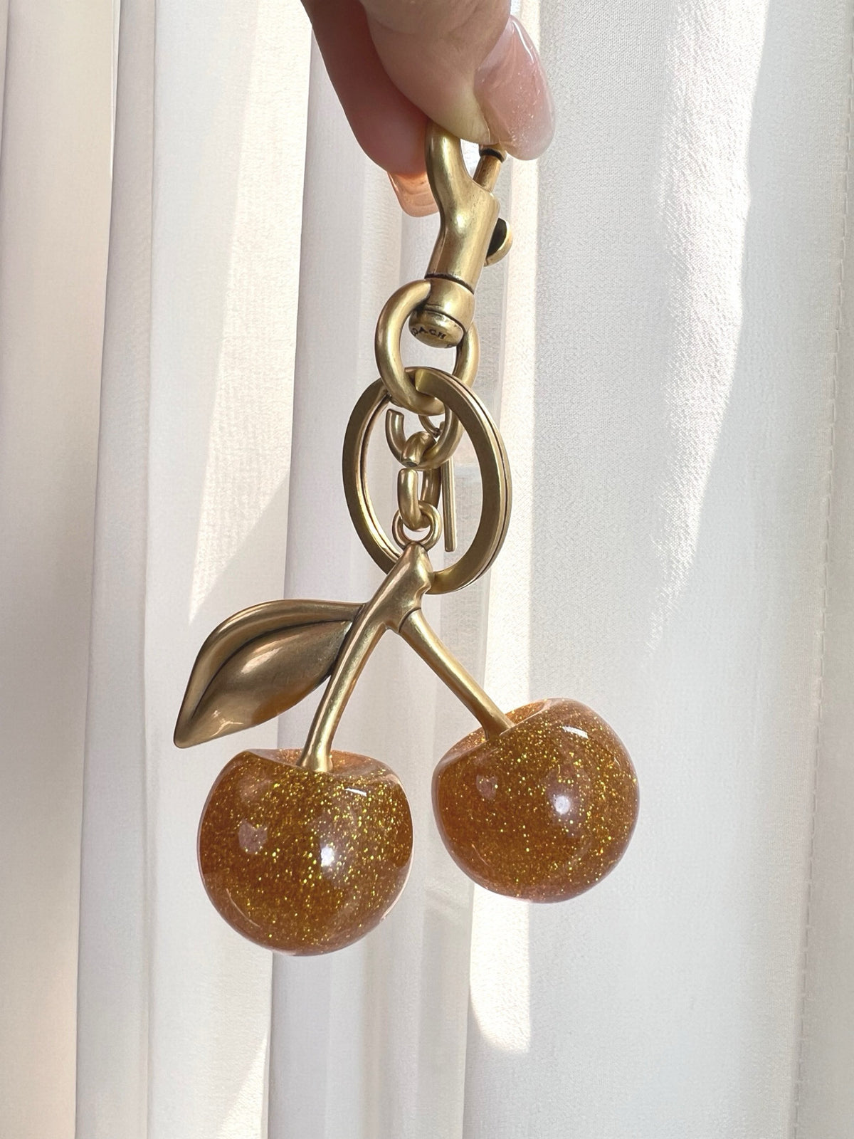 Glitter Cherry Bag Charm Keychain – Gold-Tone Fruit Pendant