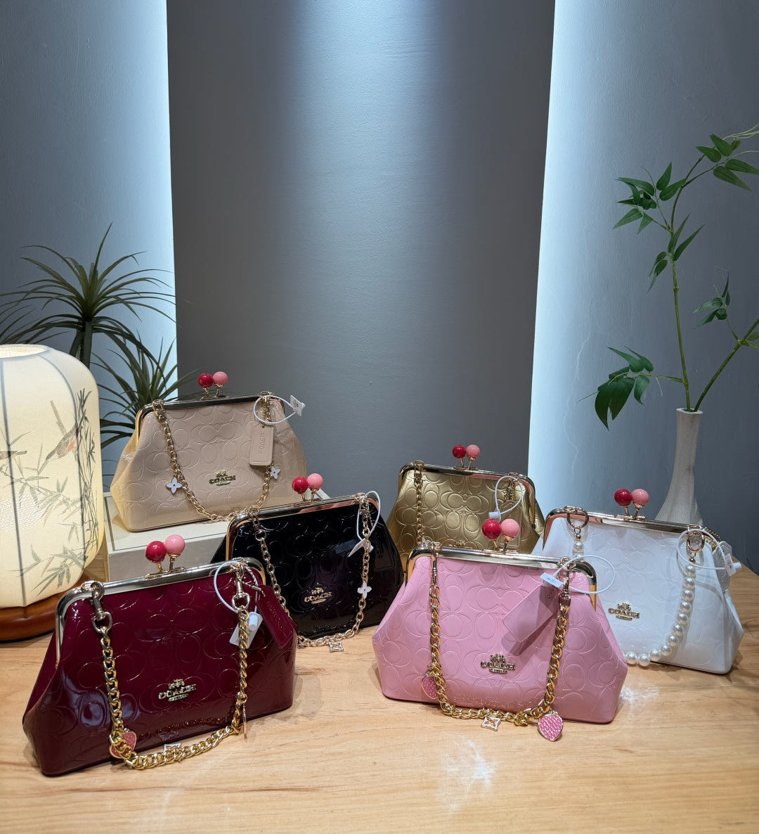 Six Coach kiss-lock handbags in different colors (burgundy, black, gold, white, and pink) arranged on a wooden table with decorative plants and a lamp in the background.