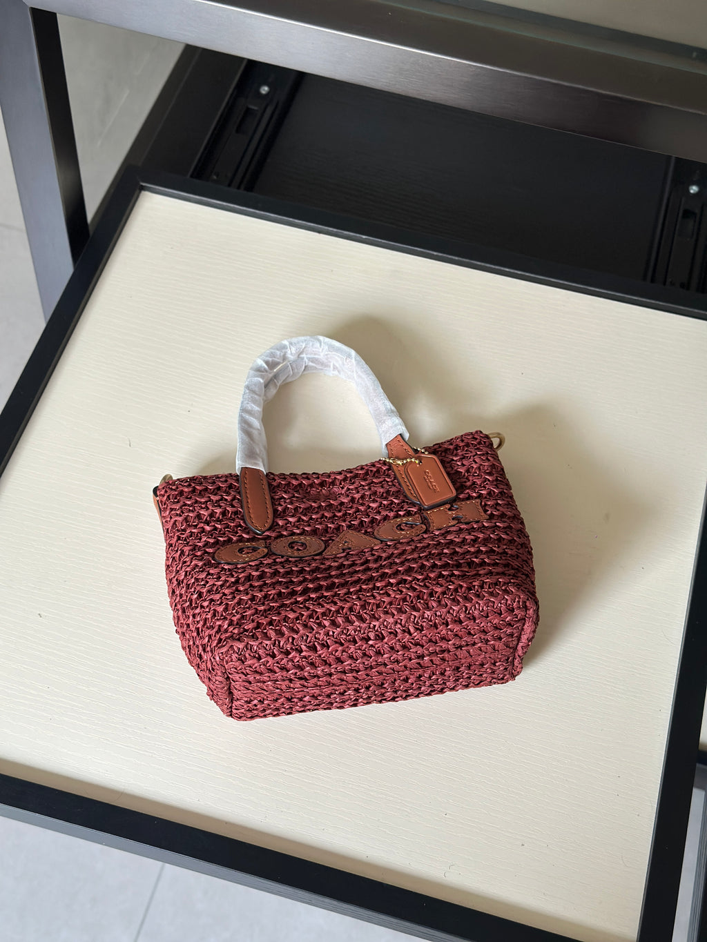 Burgundy Woven Tote Bag with Leather Details