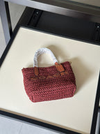 Burgundy Woven Tote Bag with Leather Details