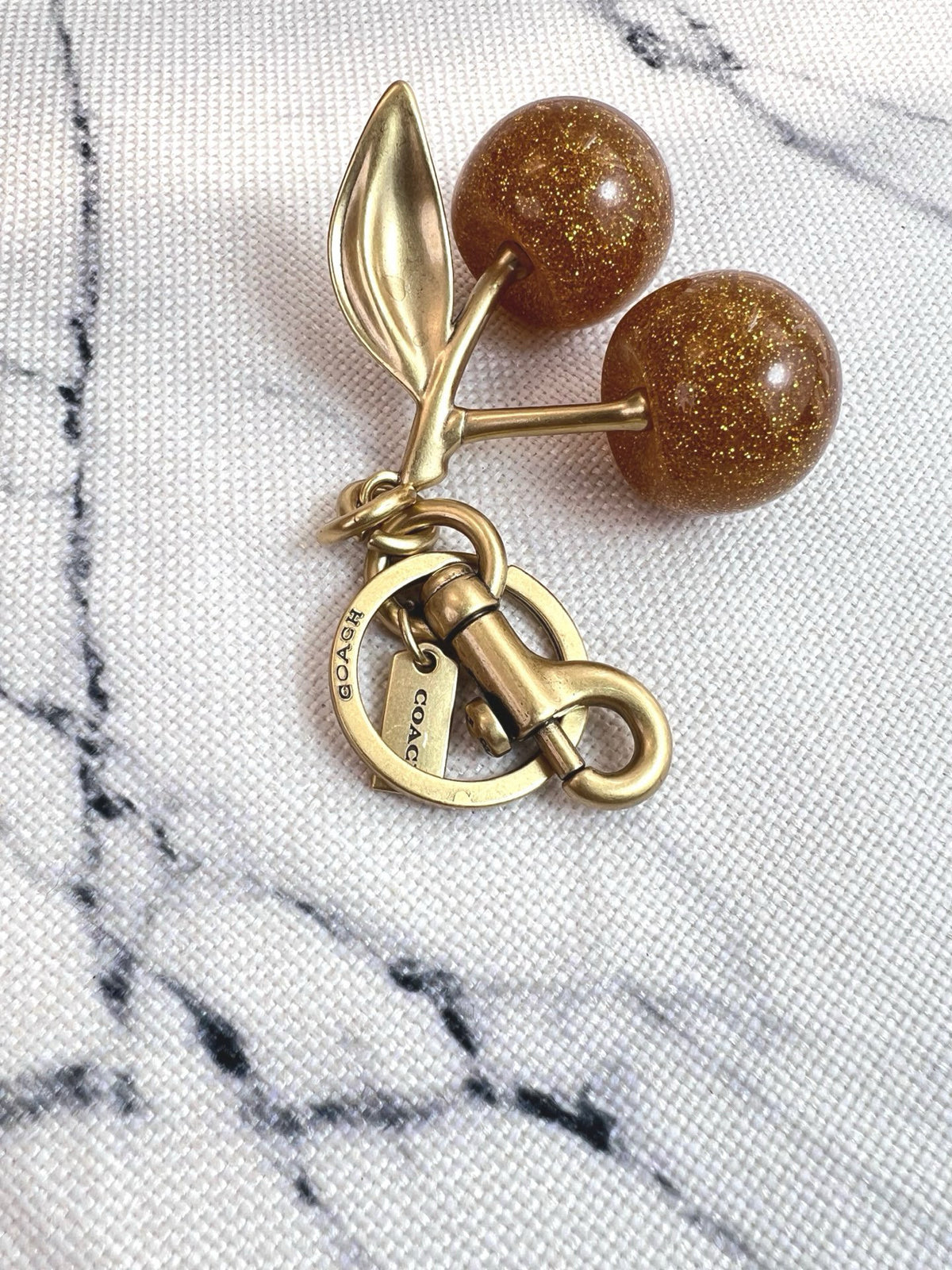 Glitter Cherry Bag Charm Keychain – Gold-Tone Fruit Pendant