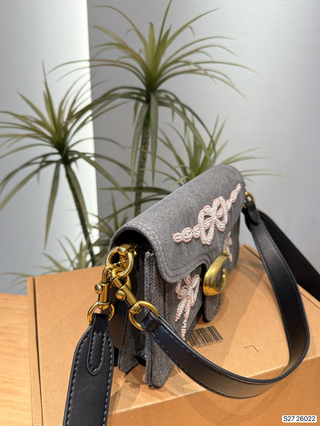 Pearl-Embellished Bow Denim Shoulder Bag
