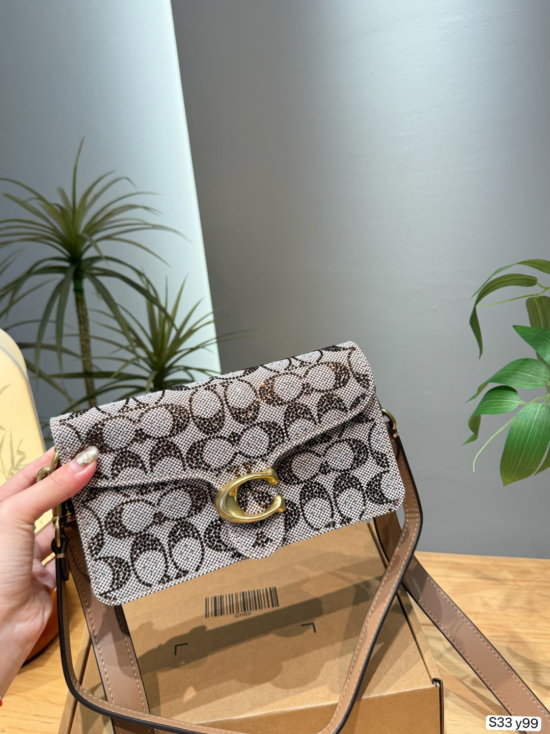 A Coach monogram crossbody bag with a gold-tone C clasp, held by a hand over a cardboard box in an indoor setting with plants in the background.
