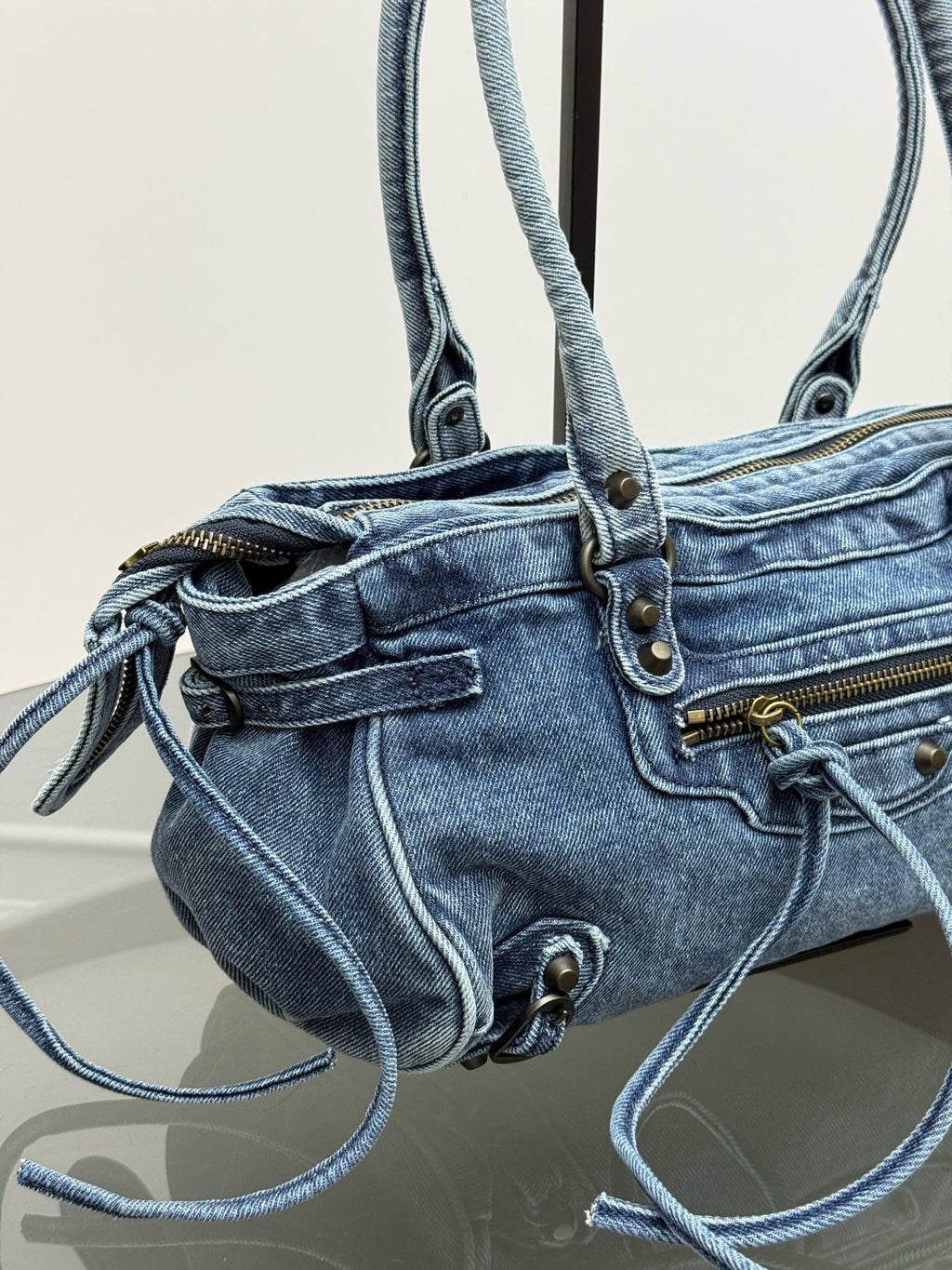 Vintage Washed Denim Baguette Bag – Fringe Shoulder Bag