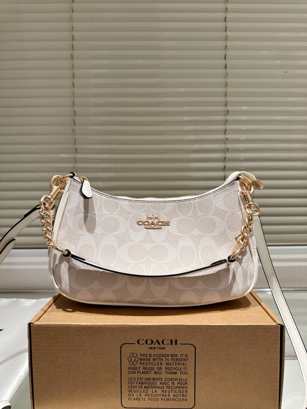 White Shoulder Bag with Gold Chain Strap