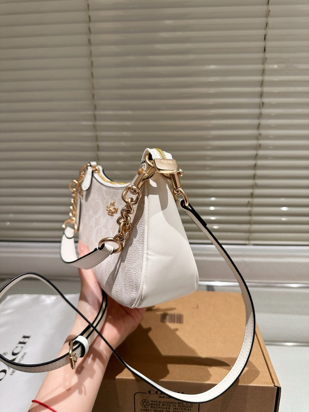 White Shoulder Bag with Gold Chain Strap
