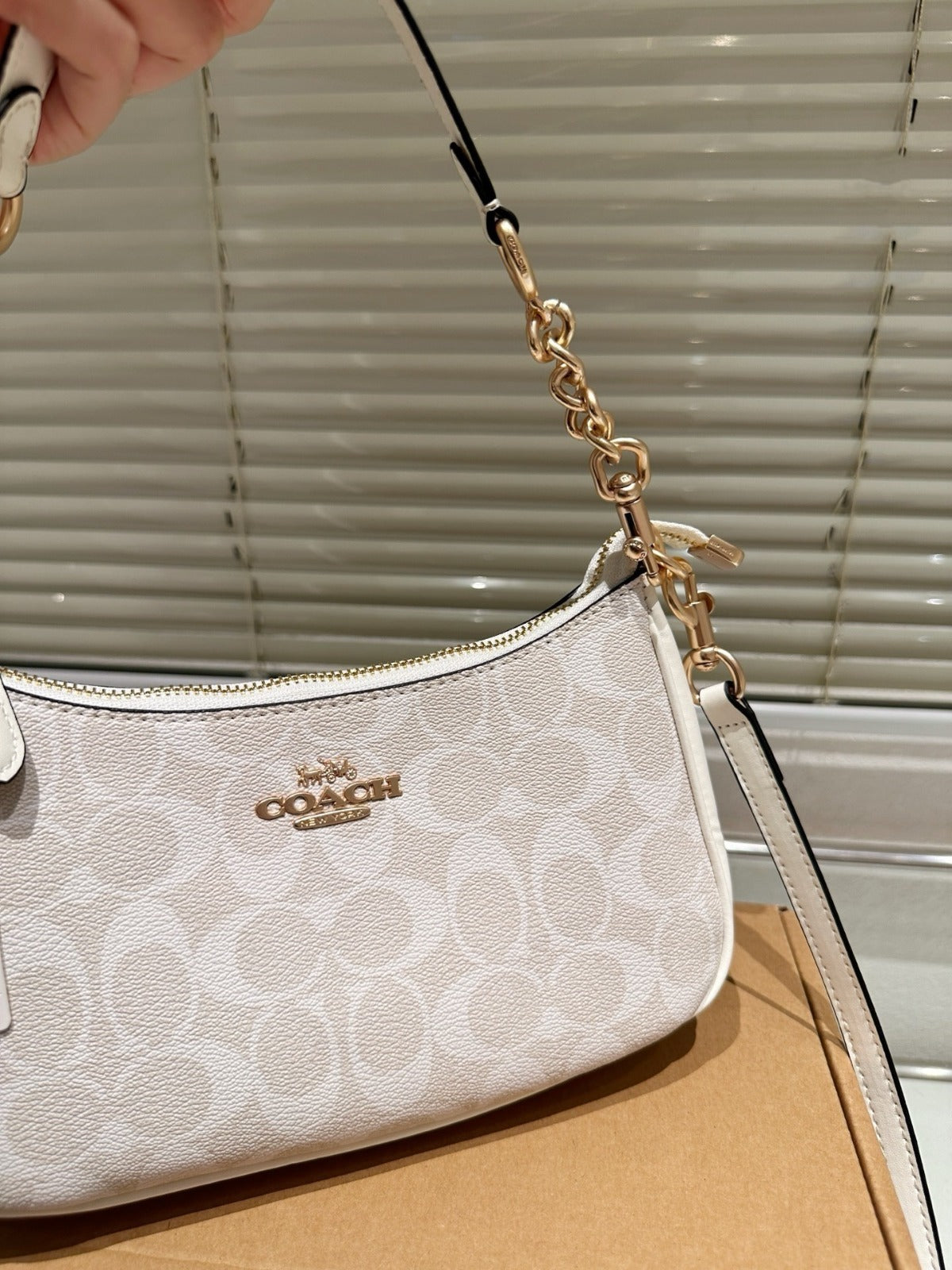 White Shoulder Bag with Gold Chain Strap