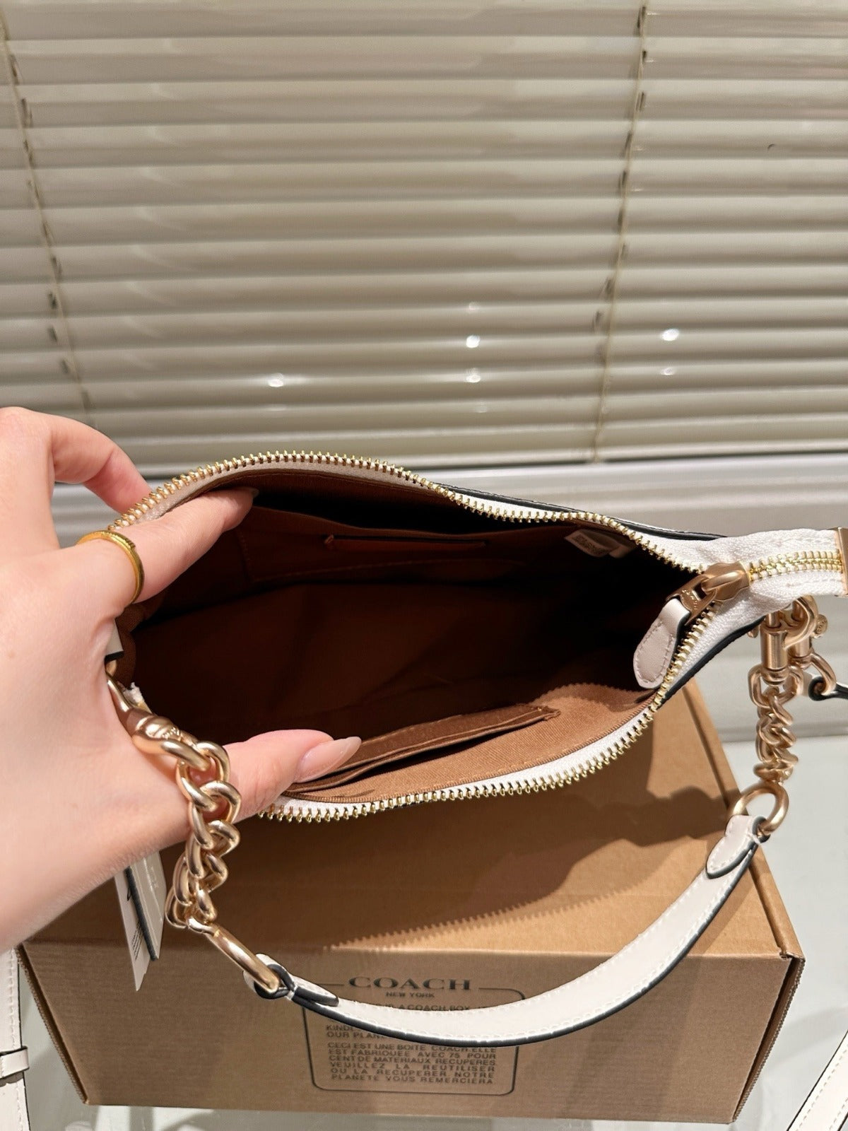 White Shoulder Bag with Gold Chain Strap