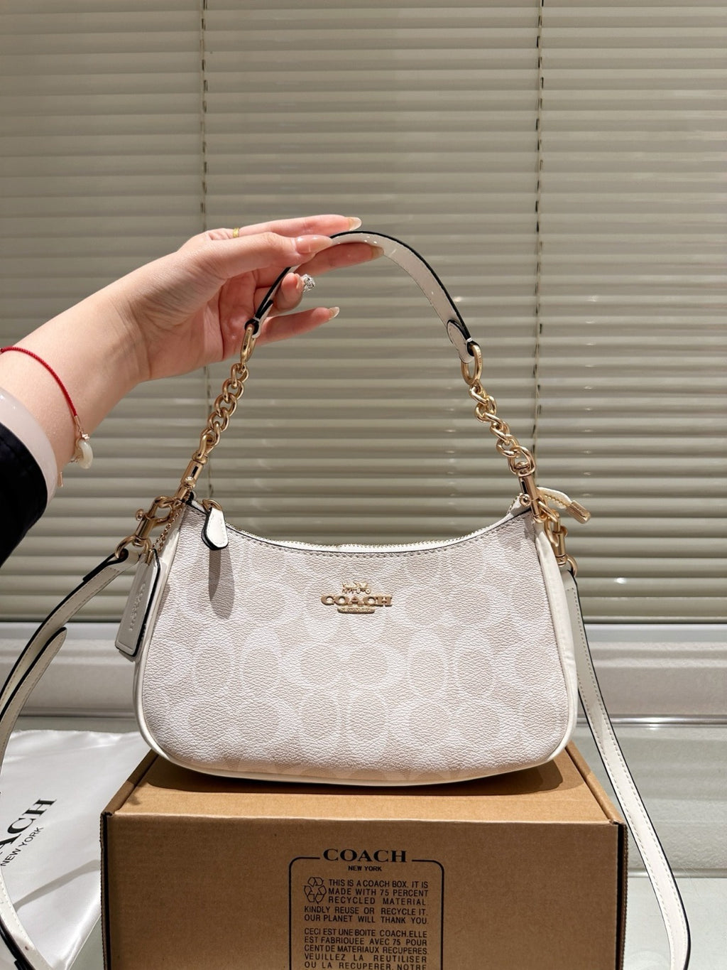 White Shoulder Bag with Gold Chain Strap