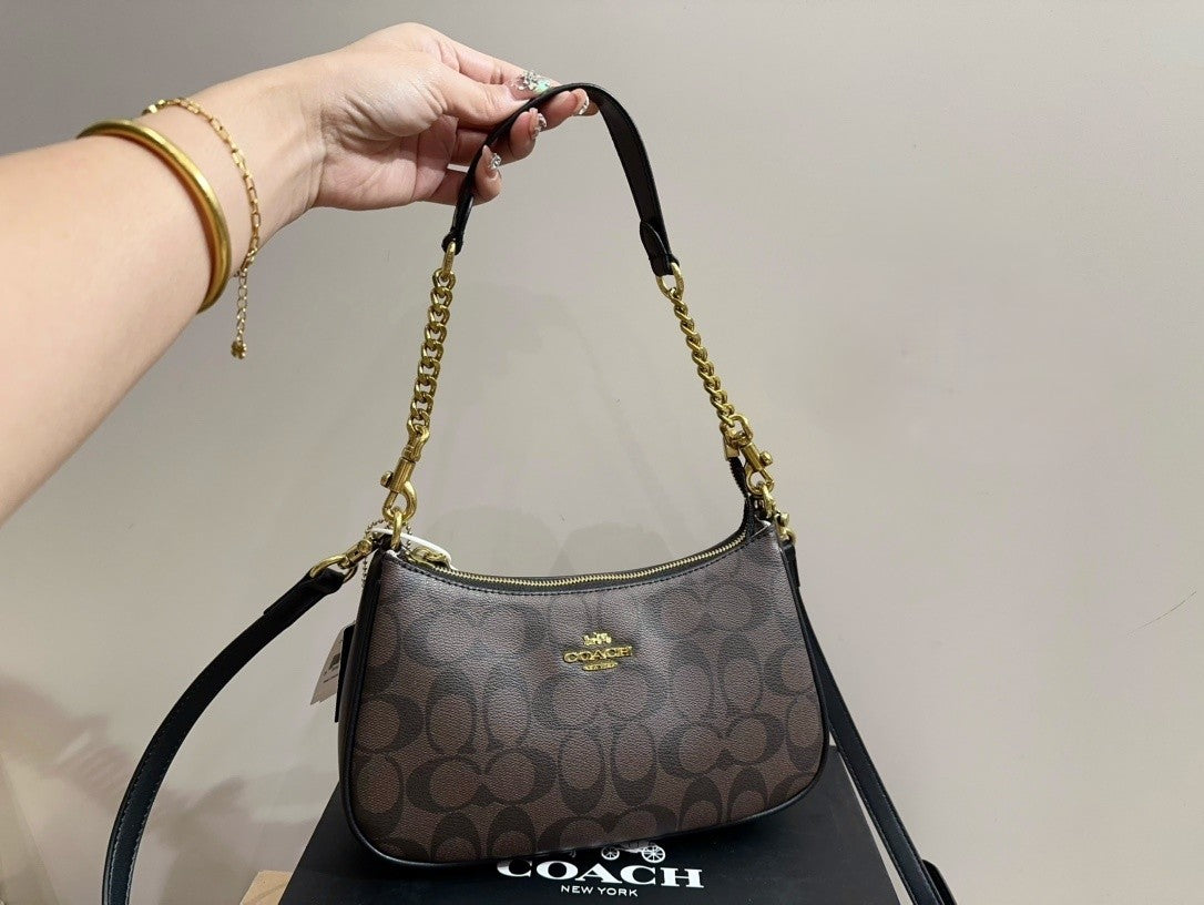 Brown Shoulder Bag with Gold Chain and Crossbody Strap