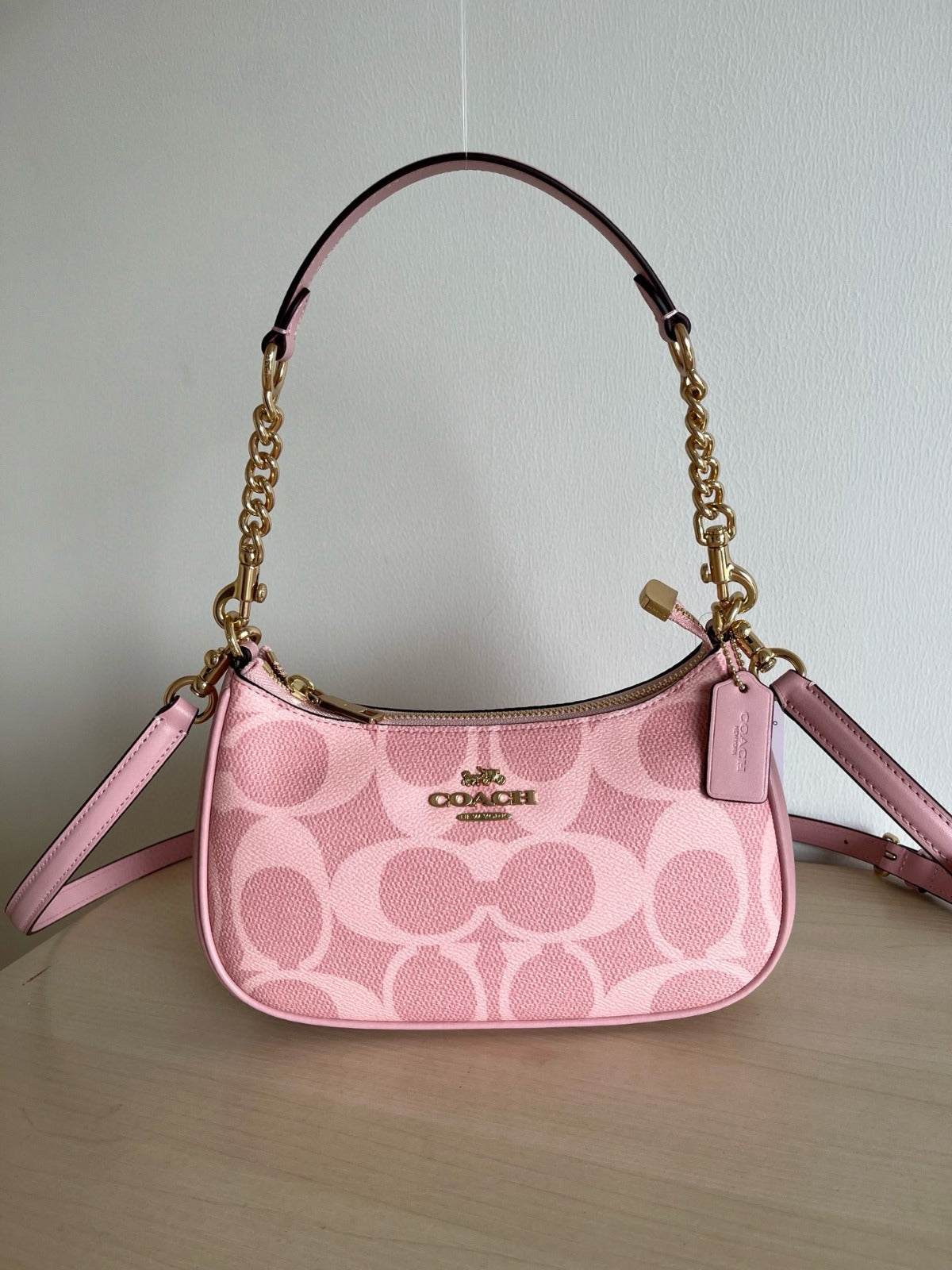 Pink Shoulder Bag with Gold Chain and Crossbody Strap