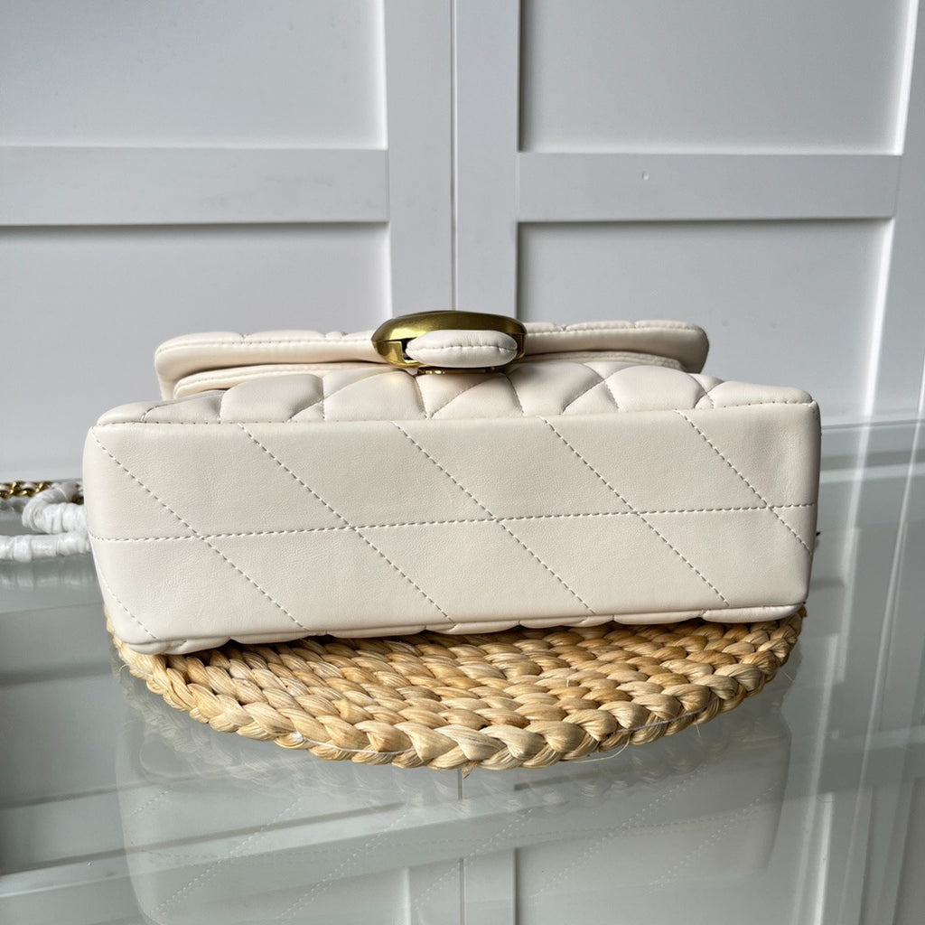 Cream White Quilted Shoulder Bag with Gold Hardware