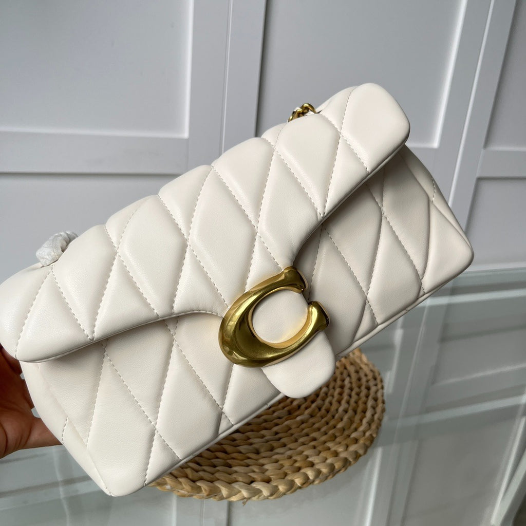Cream White Quilted Shoulder Bag with Gold Hardware