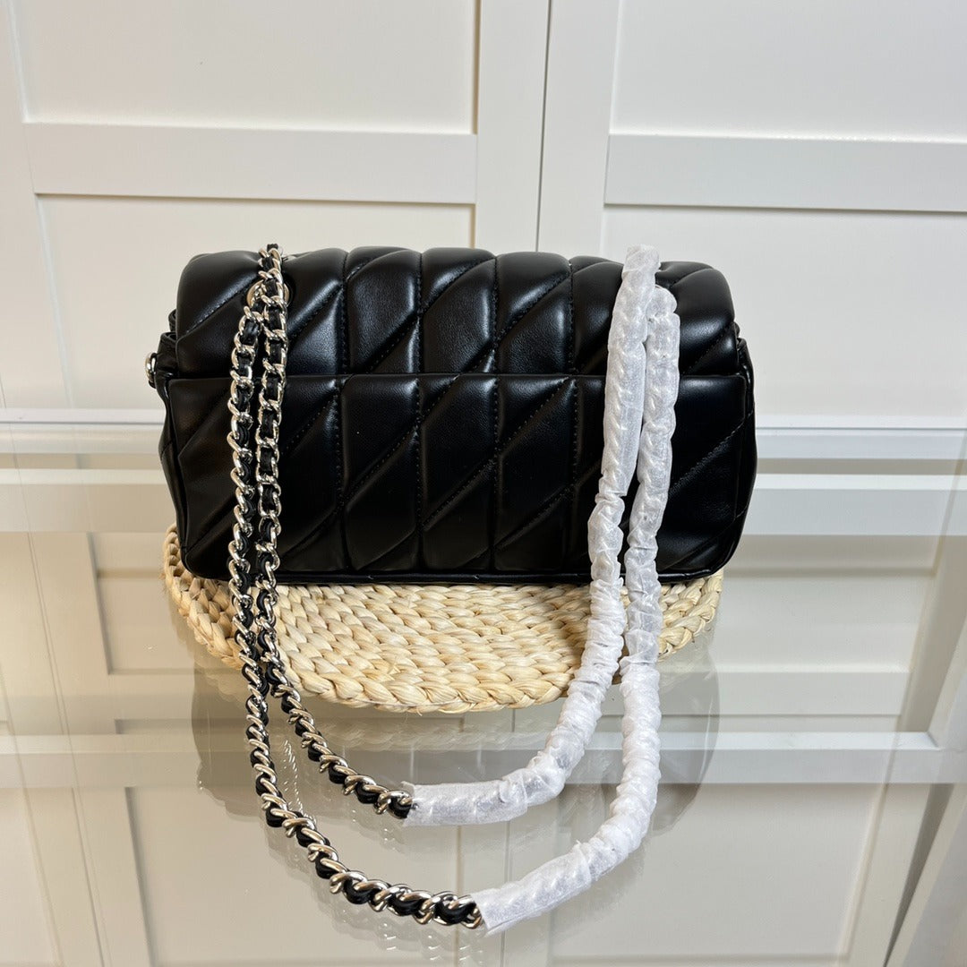 Black Quilted Shoulder Bag with Chain Strap