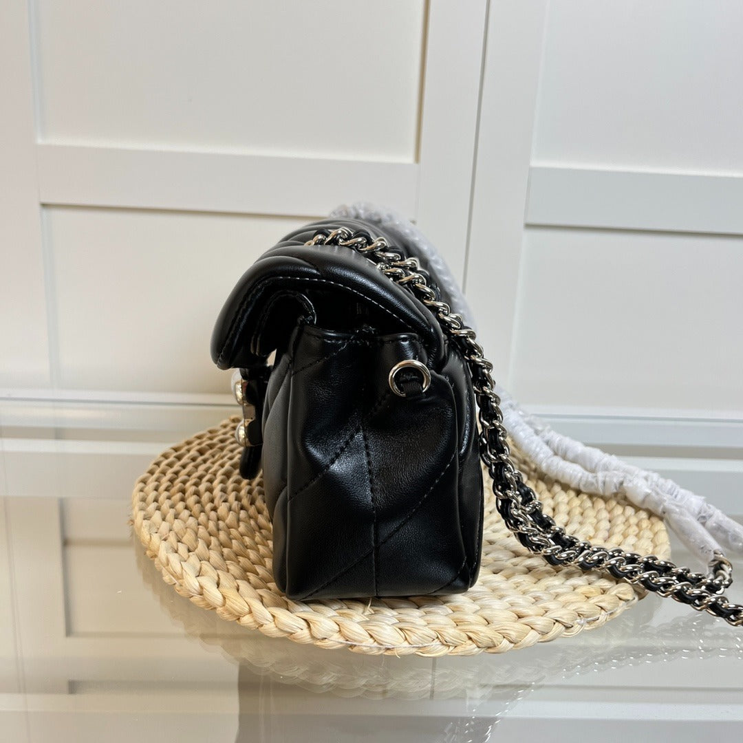 Black Quilted Shoulder Bag with Chain Strap