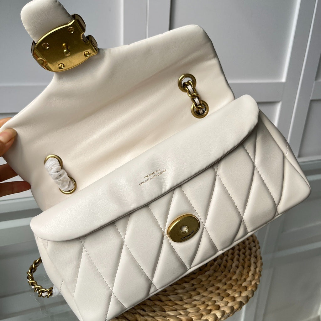 Cream White Quilted Shoulder Bag with Gold Hardware
