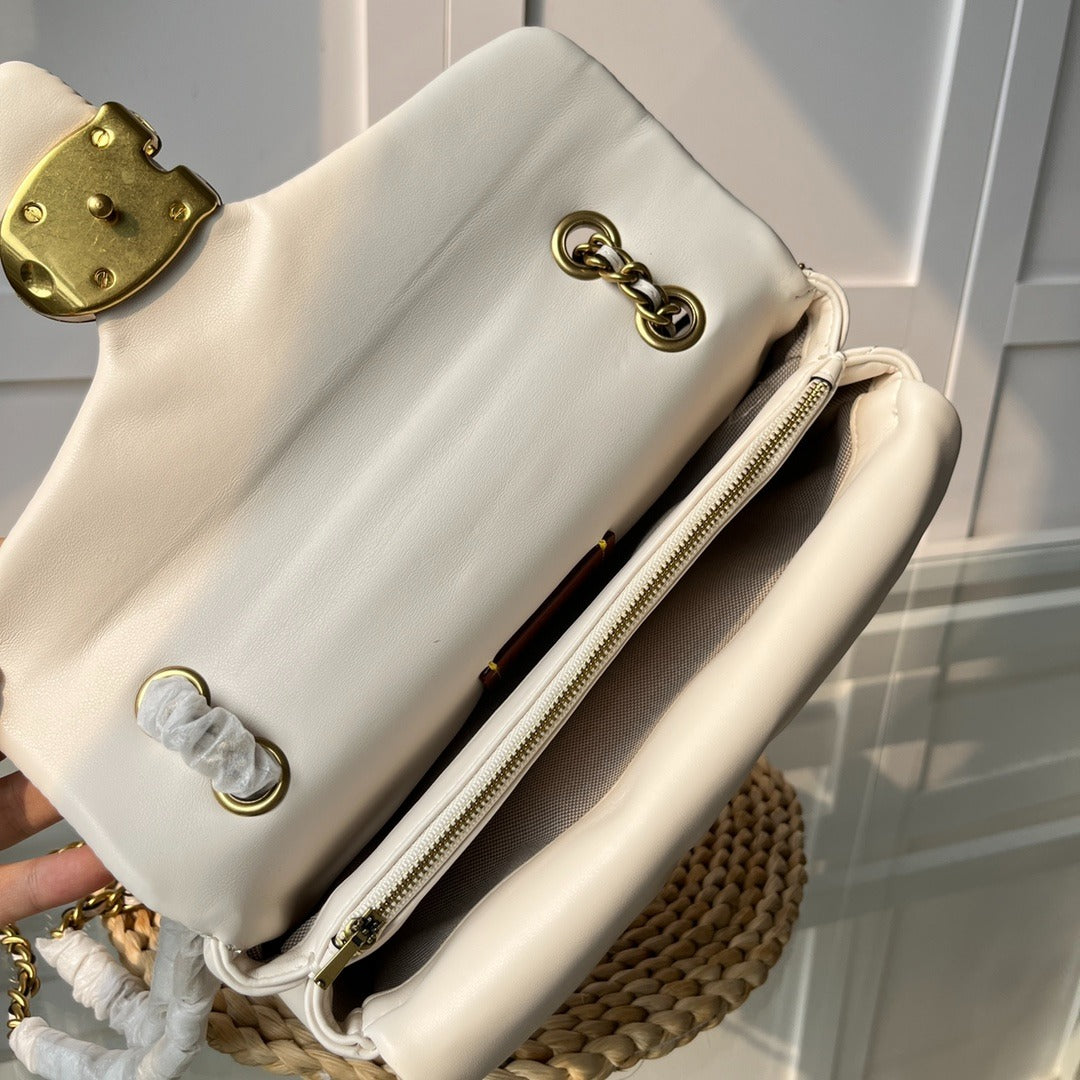 Cream White Quilted Shoulder Bag with Gold Hardware