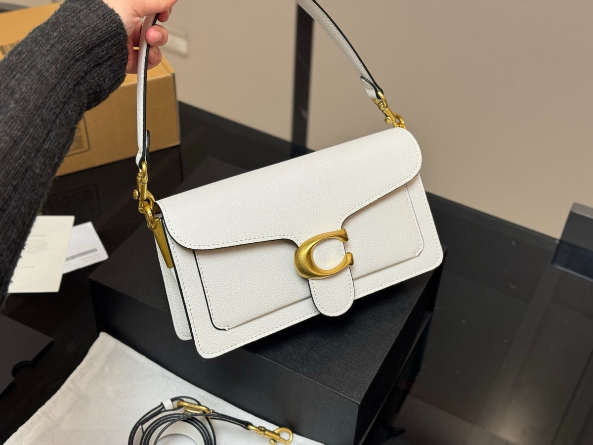 White Shoulder Bag with Gold-Tone Hardware and Adjustable Strap