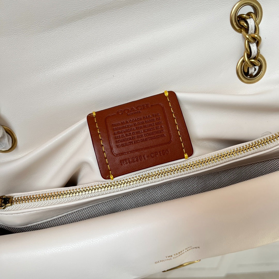 Cream White Quilted Shoulder Bag with Gold Hardware