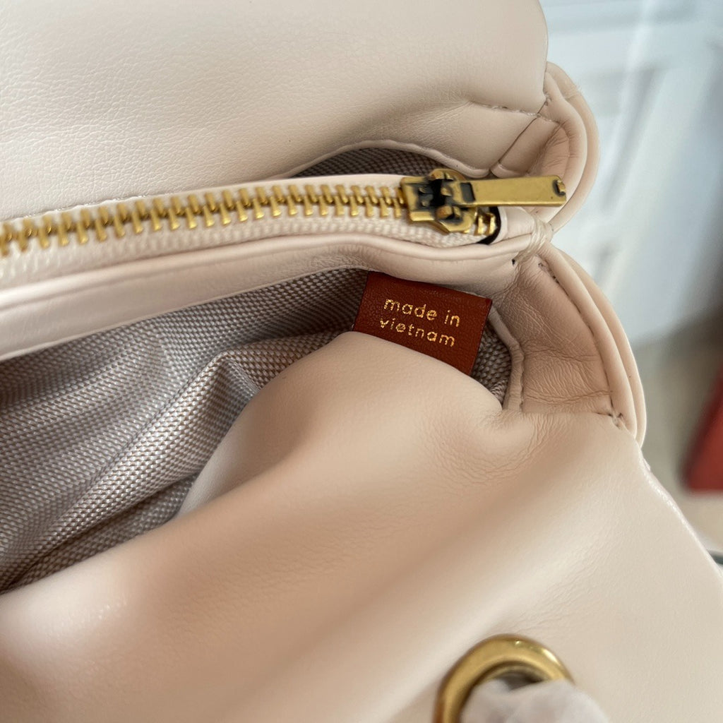 Cream White Quilted Shoulder Bag with Gold Hardware