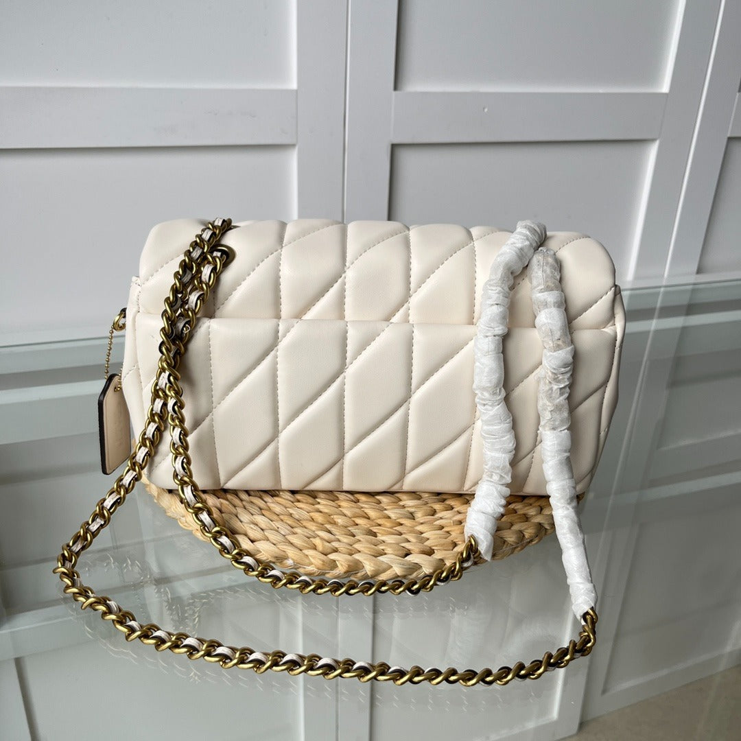 Cream White Quilted Shoulder Bag with Gold Hardware